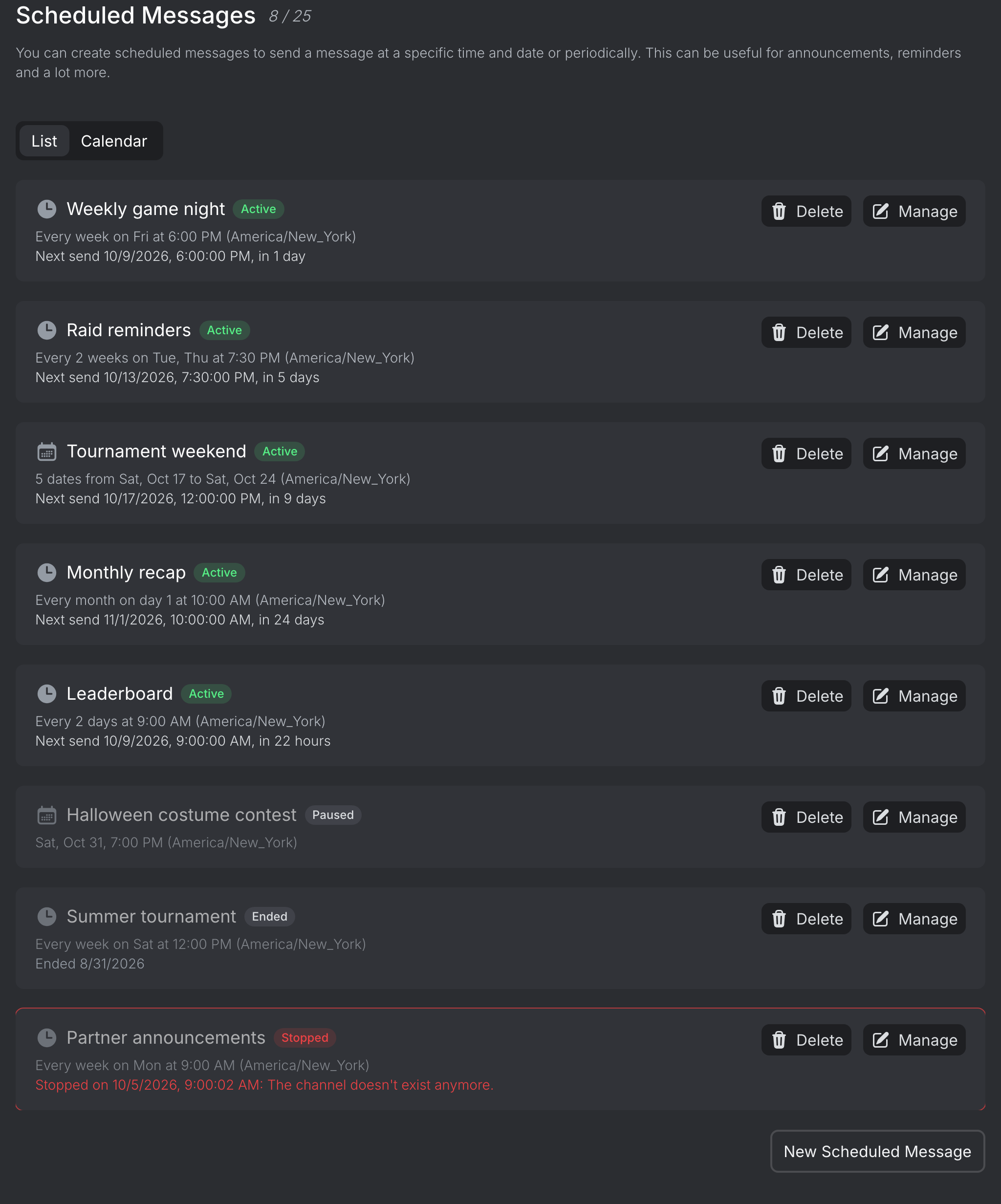 Scheduled Messages List