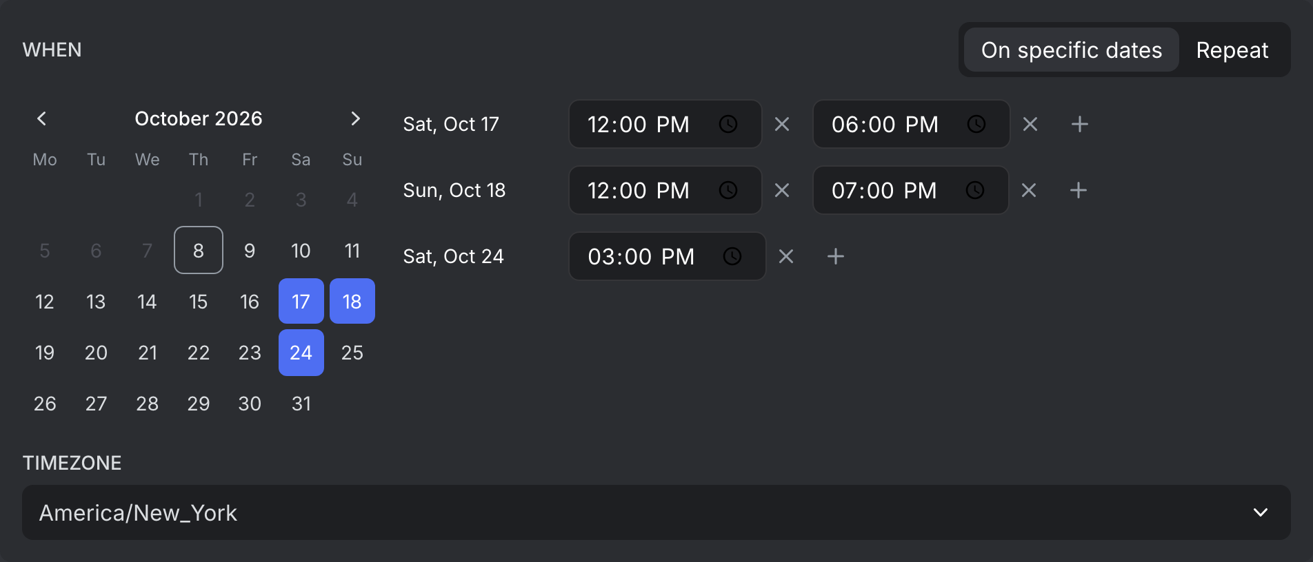 The date picker with three days selected, two of them with two times